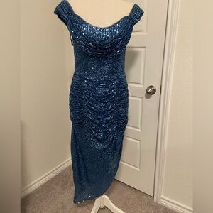 Chic-Off Shoulders Blue Midi Dress